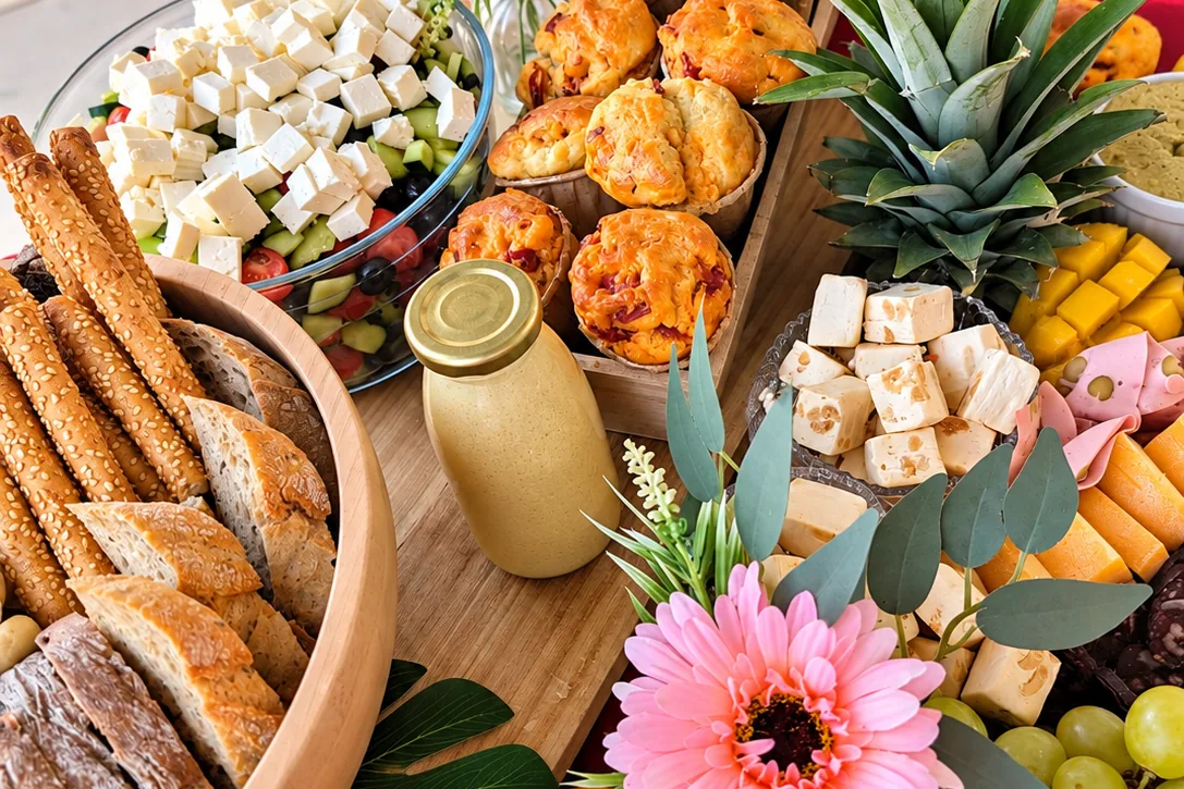 Détail d’un buffet Belloria : pains, fromages et muffins salés
