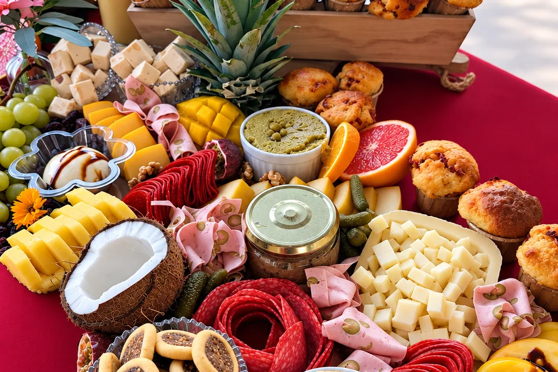 Détail d’une grazing table Belloria avec fromages et bouchées