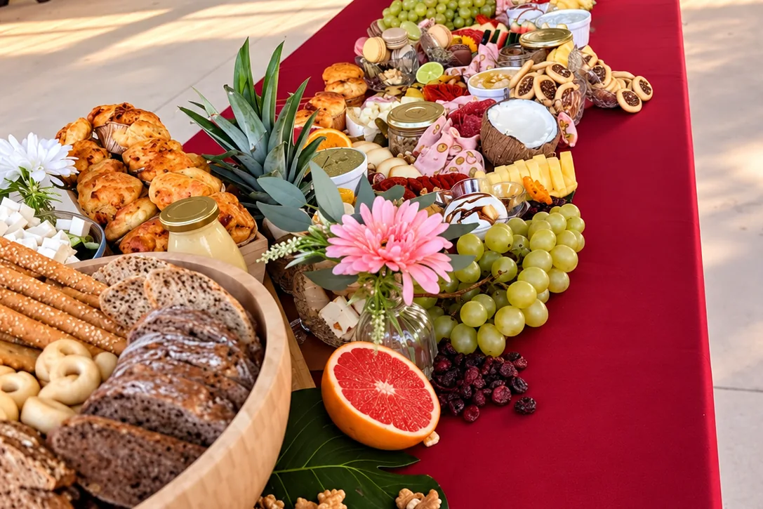 Grazing table Belloria garnie de pains, fruits et bouchées