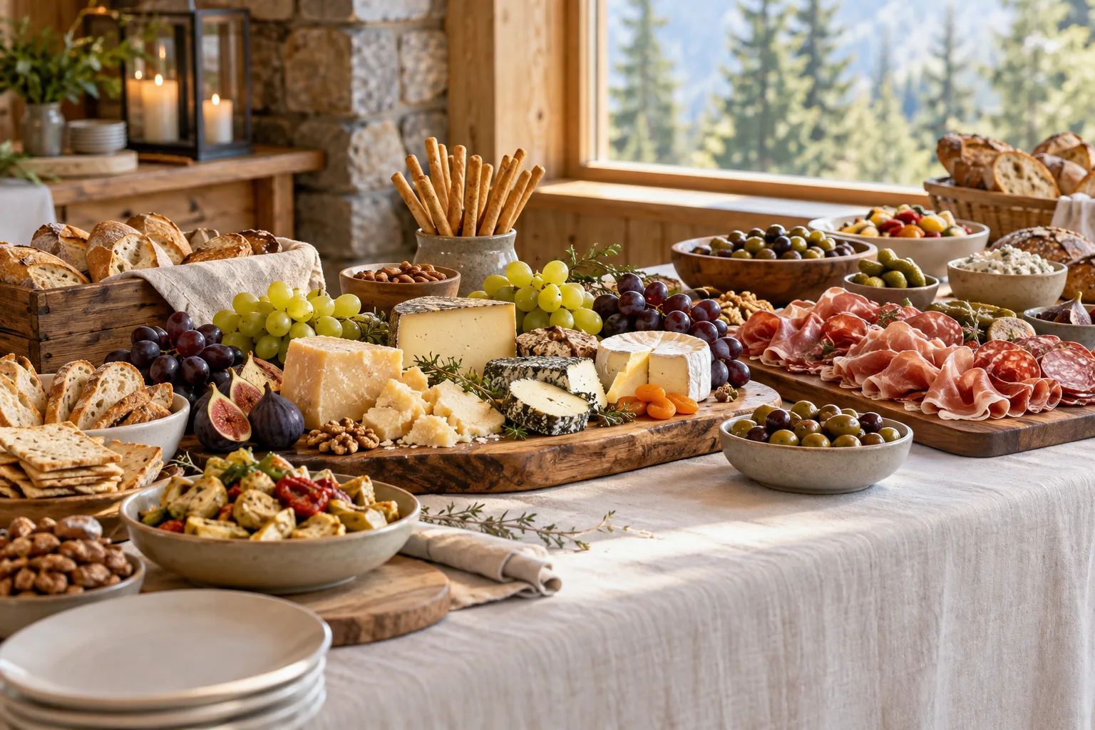 Buffet froid dans une salle en bois et pierre — illustration générée par IA