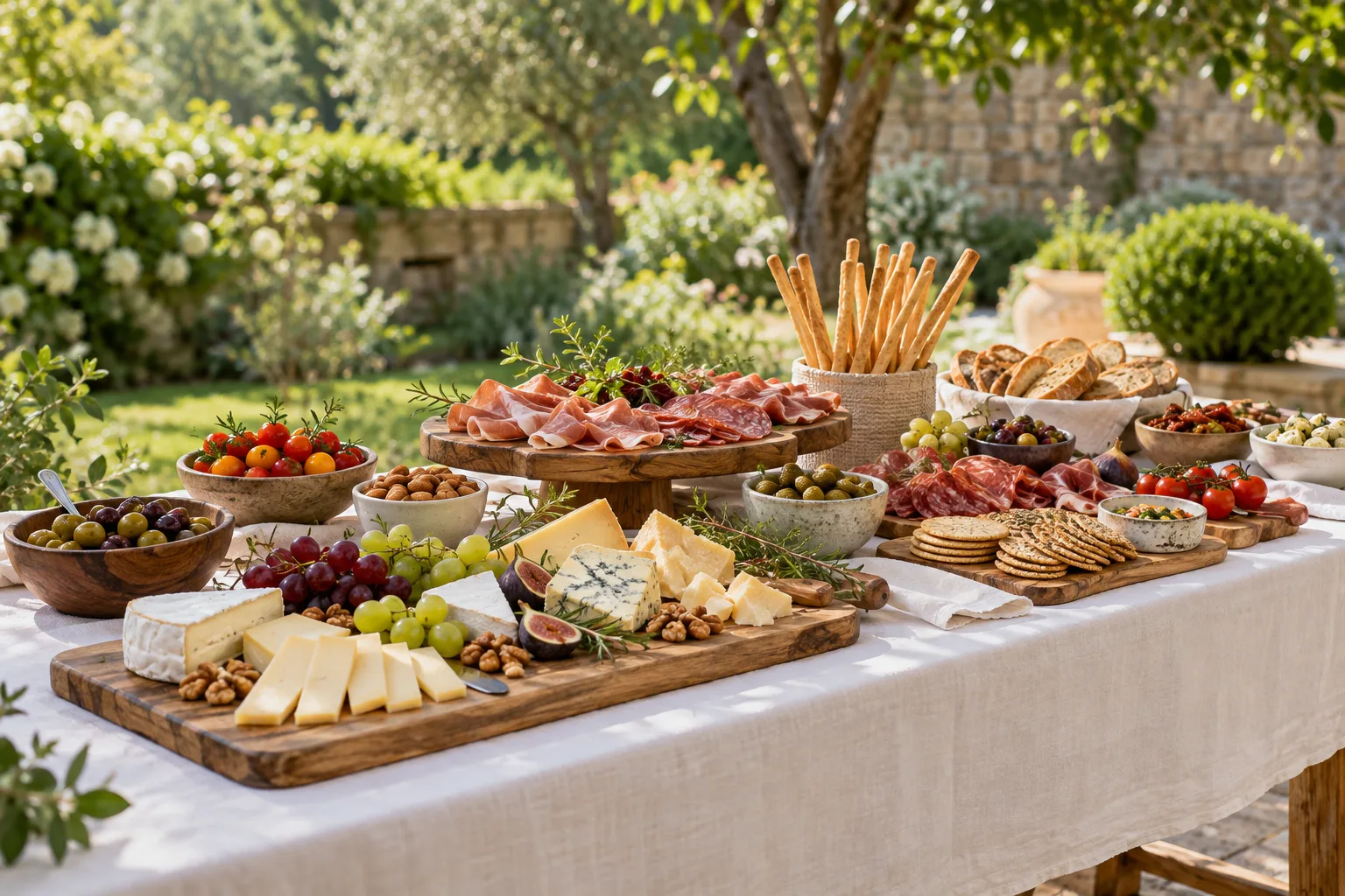 Buffet froid de fromages, charcuteries et fruits dans un jardin — illustration générée par IA