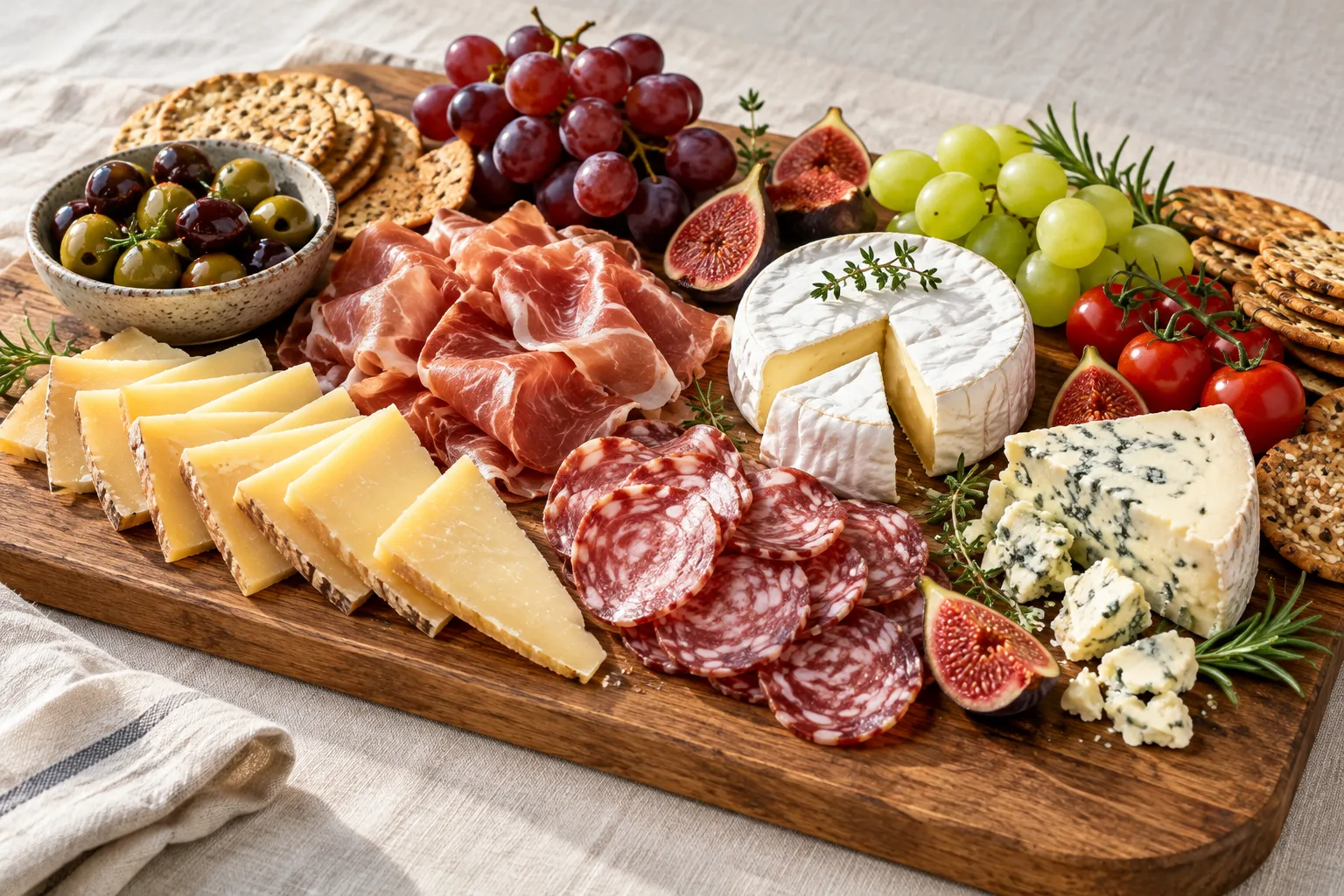 Plateau de fromages, charcuteries, raisins et olives — illustration générée par IA